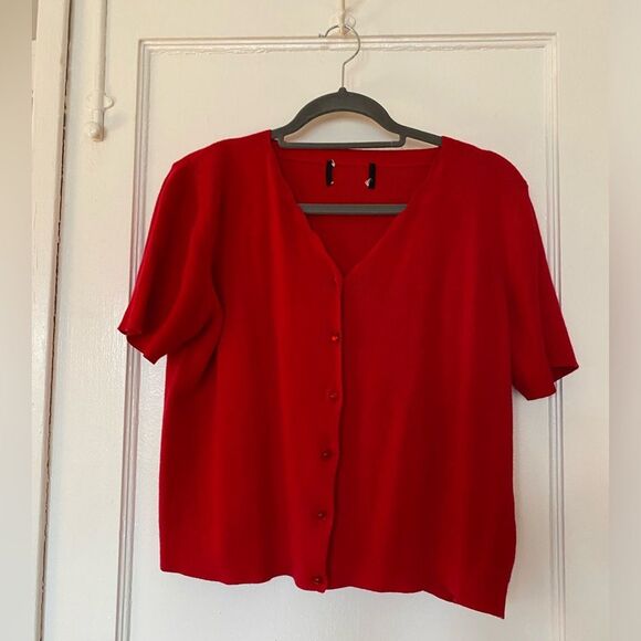 Vintage Red Button-Up Women's Short Sleeve Cardigan Top Size Medium - Picture 1 of 5